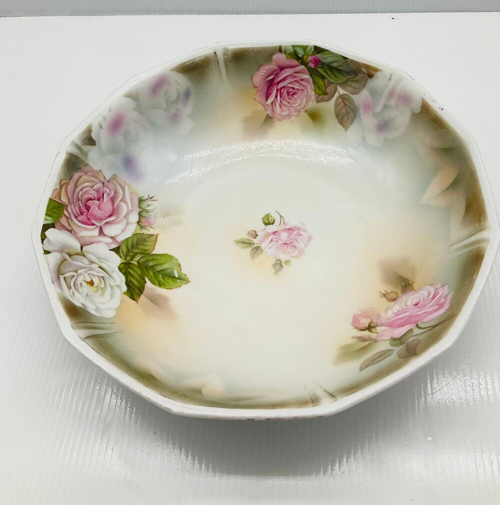 Antique Porcelain Serving Bowl Pink White Roses Scalloped Hand Painted